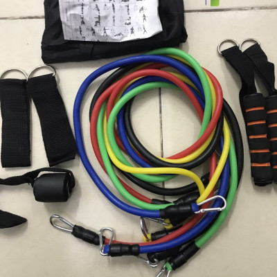 Bộ Dây Đàn Hồi Ngũ Sắc Tập Gym Đa Năng  11chi tiết, gọn nhẹ có thể mang đi lại bất kỳ nơi đâu, không bị gò bó về không gian và thời gian - tặng kèm túi đựng và hướng dẫn(móc to)