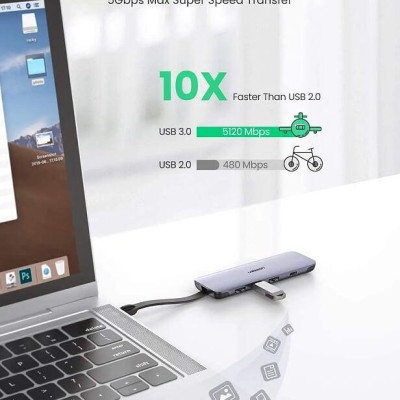 Ugreen UG70408CM285TK 10CM màu xám USB type C 5 trong 1 hub 3 x USB 3.0 + sạc PD 100W + HDMI - HÀNG CHÍNH HÃNG