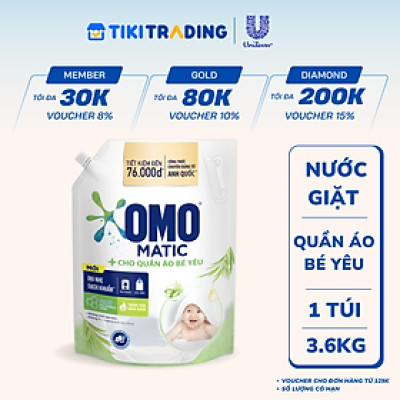 Túi Nước Giặt Omo Matic Cho Quần Áo Bé Yêu Chiết Xuất Tràm Trà Và Nha Đam Dịu Nhẹ, Sạch Khuẩn 3.6kg