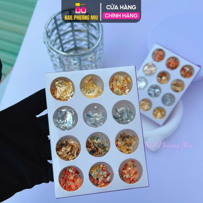 Set Giấy Nhún Bạc Ẩn Gel Trang Trí Móng 12 Ô, 4 Tone Màu Vàng Bạc Mix, Phong Cách Nhật Hàn, Làm Nail Độc Đáo Và Sáng Tạo Nữ