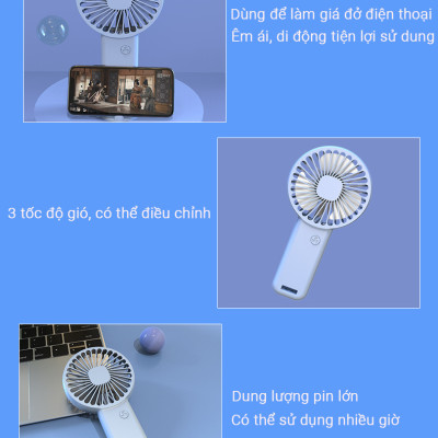 Quạt Cầm Tay Mini Tích Điện Teement, Có Giá Đở Điện Thoại, Sạc USB Di Động Tiện Lợi - Hàng Chính Hãng