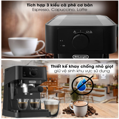Máy pha cà phê Delonghi EC235.BK công suất 1100W, pha Espresso đánh bọt sữa capuchino, latte - Hàng nhập khẩu