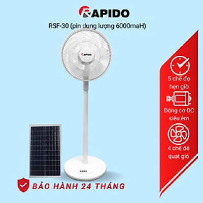 Quạt năng lượng mặt trời Rapido RSF-30 chính hãng, bảo hành toàn quốc, thời gian sử dụng 26 tiếng liên tục khi đầy pin - Hàng chính hãng