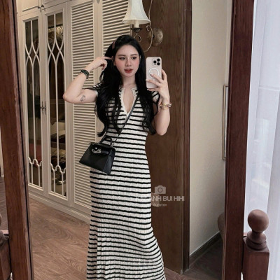 Váy Body Len Dài Kẻ Sọc Ôm Dáng Tôn Eo Sang Xinh