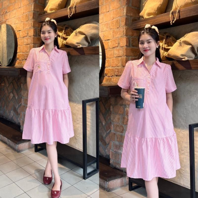 Đầm Bầu Công Sở Cổ Sơ Mi Phối Túi Thêu Phom Đuôi Cá Dễ Thương