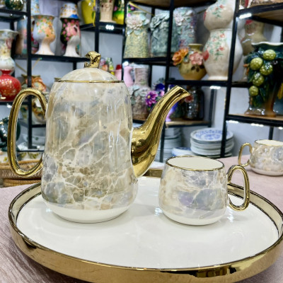 Bộ ấm chén, bình trà cao cấp men vân đá viền mạ vàng 24k đế xoay 360d