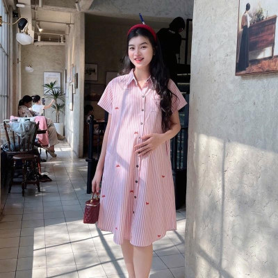 Đầm Bầu Form Dáng Sơ Mi Sọc Xinh Chất Cotton Lụa Mềm Mát, Váy Bầu Cá Tính Size M L