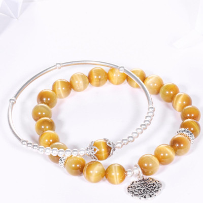 Vòng tay đá thạch anh mắt hổ vàng mix túi cát tường bạc hạt đá 8mm mệnh thổ, kim - Ngọc Quý Gemstones