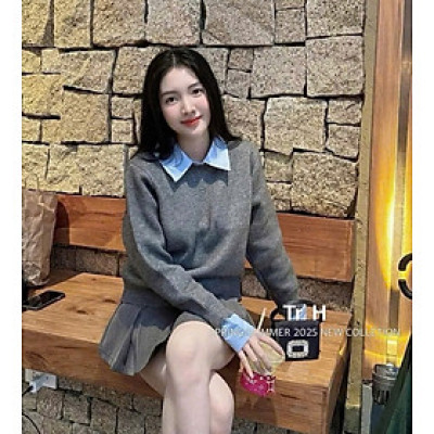 Áo Len Xám Mix Cổ Sơ Mi Xanh Nữ Dáng Xinh