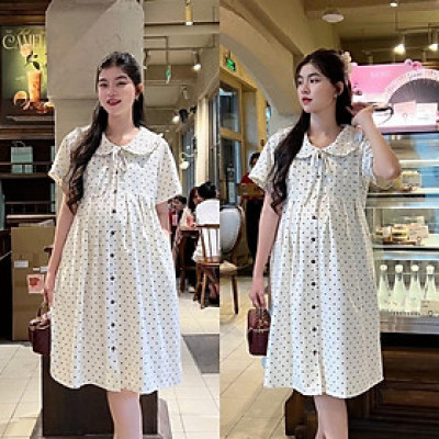 Đầm bầu chấm bi cổ sen phối nút dáng suông cho mẹ mang bầu và sau sinh Váy Bầu Dễ Thương