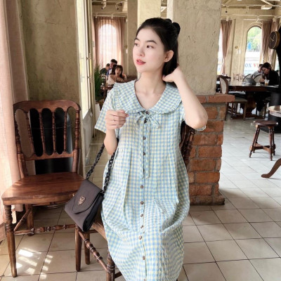 Đầm bầu karo cổ bèo thắt nơ dáng suông dễ thương, trẻ trung, năng động Nữ Women