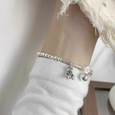 Lắc Tay Vòng Tay Nữ Bạc 925 Bi Trơn Mix Với Gấu Dễ Thương Bạc Hiểu Minh LTU574