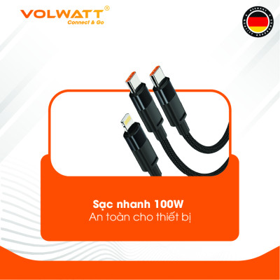 Cáp sạc siêu nhanh 3 đầu Volwatt GE-S36-S3 hàng chính hãng | Type-C ra C (100W)+C(15W)+L(27W), dây bện 1.5m | BH 12 tháng