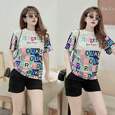 sét đồ sort nữ họa tiết chữ thêu Angel xinh xắn