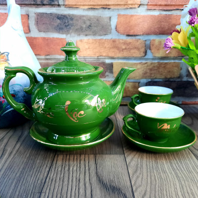Bộ ấm chén Bát Tràng phú quý men xanh lục ngọc bảo họa tiết Phúc - Lộc - Thọ vẽ vàng 24k 