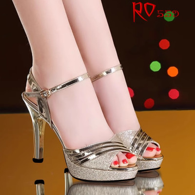 Giày sandal nữ đẹp cao gót 9 phân hàng hiệu rosata hai màu đồng bạc da mềm ro559