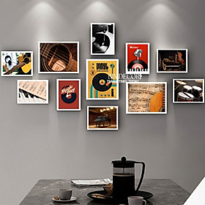 Khung ảnh treo tường âm nhạc 1 bộ 11 khung màu trắng đen kèm đinh treo