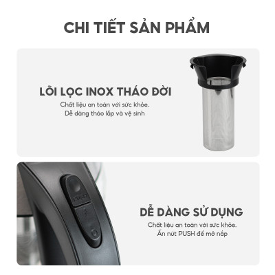 Ấm siêu tốc, bình thủy tinh Lebenlang LBLB2226 có lõi lọc trà, công suất 2200W, dung tích 1800ml, bảo hành 2 năm - hàng chính hãng
