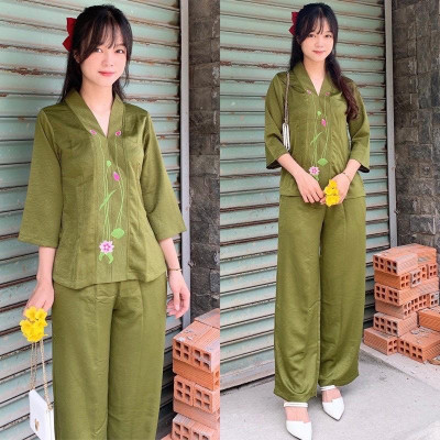 ĐỒ LAM ĐI CHÙA  Bà Lai Lụa thêu Sen