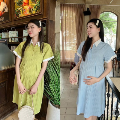 Đầm bầu babydoll đũi gân cổ sơ mi thanh lịch, phối màu bầu diện dễ thương