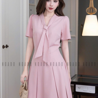 Đầm hồng cổ cà vạt NGADO , đầm midi , đầm kiểu nữ , đầm công sở , dự tiệc