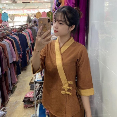 ĐỒ LAM ĐI CHÙA   3 NÚT Vải Tơ Cao Cấp Có Big Size