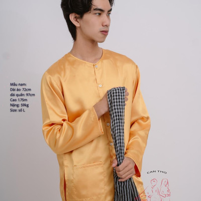 Bộ áo bà ba nam vải phi bóng vàng đồng- Có bộ bà ba Bigsize- may sỉ bà ba toàn quốc - May bộ bà ba theo yêu cầu