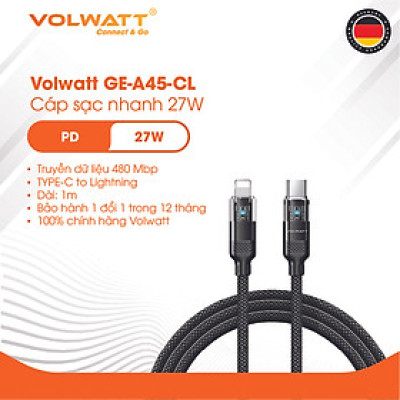 Cáp sạc nam châm chống rối Volwatt GE-A45-CL hàng chính hãng | Cáp Type-C to L PD 27W, LED hiển thị, dài 1.2m – BH 12 tháng