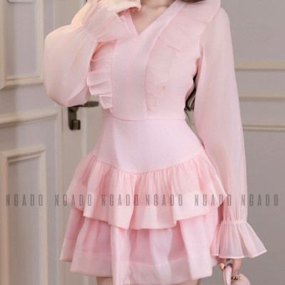 Đầm hồng tay voan NGADO , đầm voan , đầm nữ , đầm dự tệc, dạo phố