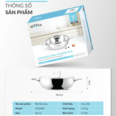 Chảo lẩu inox 316 đúc liền khối Hàn Quốc CIC6620 size 26cm kèm vung kính