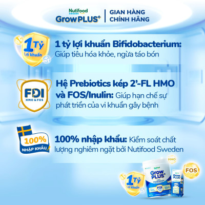 Sữa bột Nutifood Sweden GrowPLUS+ Tiêu Hóa (Xanh Nhạt) 0+ - Tiêu hóa khỏe, tăng cân (Lon 800g)
