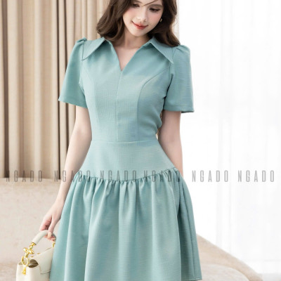 Đầm sơ mi xanh mint ngắn tay NGADO , đầm kiểu sơ mi , đầm nữ