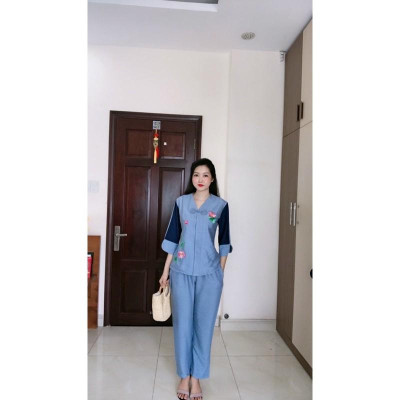 Đồ Lam Đi Chùa # Tim 1Nút Bông Cao Cấp# Quần Áo # Đồ Bộ Nữ