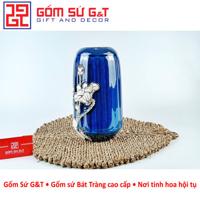 Lọ hoa men hỏa biến lá dứa miệng thấp vẽ sen Gốm Sứ G&T