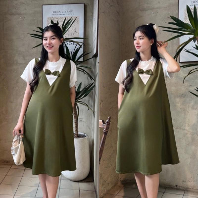 Đầm bầu yếm liền công sở cổ bèo tim đính nơ chất cotton lạnh mềm mịn dễ thương