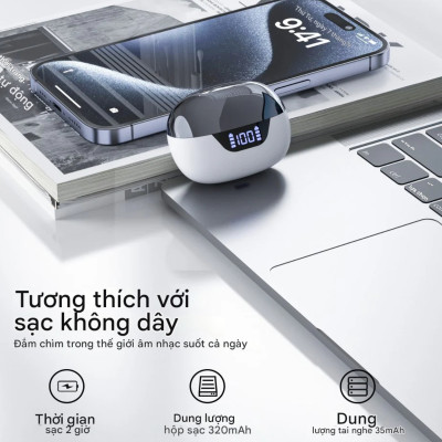 Tai nghe Bluetooth chống ồn kép ENC+ANC Choetech BH-T60 có màn hình LED hiển thị pin - Hàng chính hãng