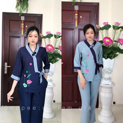 Đồ Lam Đi Chùa Xéo Nơ Hoa Cúc 1 Nút Thắt