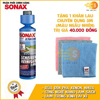 Dung dịch vệ sinh và làm trong kính lái đậm đặc 1:100 Sonax 271141 250ml- tặng 1 khăn lau 3M màu ngẫu nhiên - rửa đèn pha XENON, đèn Plastic, tẩy vết côn trùng, các hạt nano làm trong kính, bảo vệ kính, không tạo vết sau khi gạt nước
