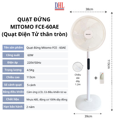 Quạt lửng Mitomo FCE-60AE có điều khiển từ xa, hẹn giờ, màn hình LCD với 3 chế độ gió hàng chính hãng- Bảo hành 2 năm