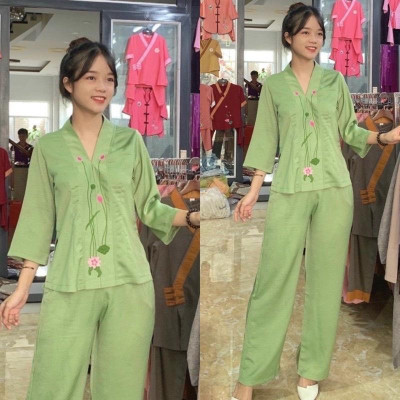 ĐỒ LAM ĐI CHÙA  Bà Lai Lụa thêu Sen