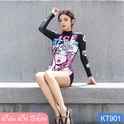 Bộ Đồ Bơi  Nữ  Liền Thân Quần Đùi Tay Dài, Chống Nắng Tối Ưu, Khóa Kéo Sau Tiện Lợi, Chất Vải Thun Lạnh Co Giãn Cao, Nhanh Khô - Phom Dáng Ôm Gọn, Tôn Dáng | KT901
