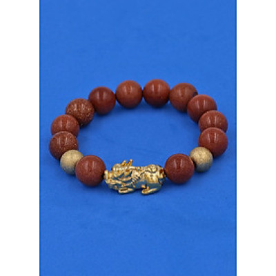 Chuỗi đeo tay Đá Kim Sa 12 ly - cẩn Tỳ Hưu Phong Thủy inox vàng VKSTHHBV12 - hợp mệnh Thổ, mệnh Mộc