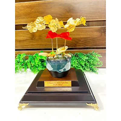 Chậu Hoa Lan 3 Nhánh Dát Vàng MT Gold Art (27x23x16cm)- Hàng Chính Hãng- Quà tặng cao cấp, ý nghĩa tặng sếp khách hàng, đối tác... nhân các dịp đặc biệt như sinh nhật, tân gia, khai trương, kỷ niệm thành lập...