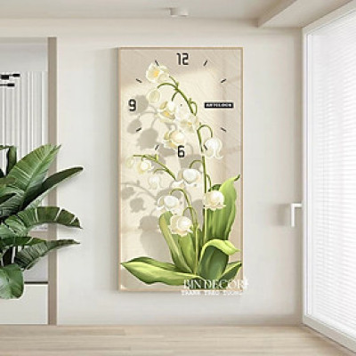 (ẢNH CHỤP) Tranh đồng hồ tráng gương hoa linh lan bo viền vàng kèm đinh và pin