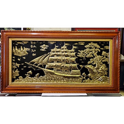 Tranh đồng vàng nguyên chất liền tấm khung gỗ dổi - Thuận Buồm Xuôi Gió -A202s