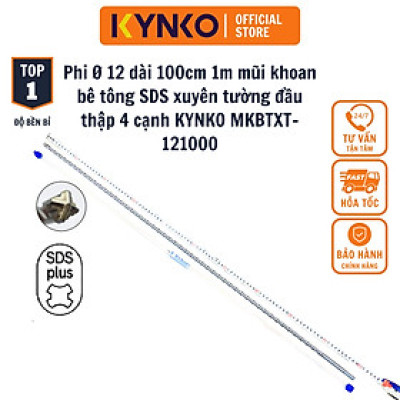 Phi Ø 12 dài 100cm 1m mũi khoan bê tông SDS xuyên tường đầu thập 4 cạnh KYNKO MKBTXT-121000