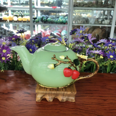 Bộ ấm trà chạm cây táo với ly chạm chữ đá ngọc cẩm thạch xanh