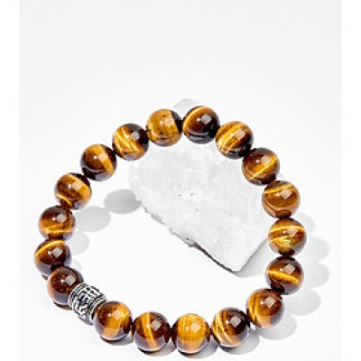 Vòng Tay Đá Mắt Hổ Nâu Vàng Charm Bạc 925 Chữ Phạn