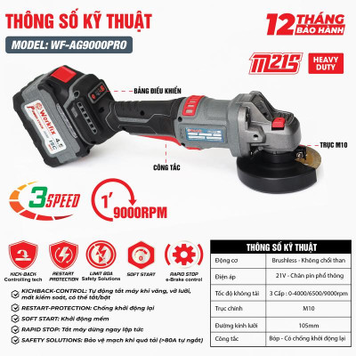 [Chống Lật Cổ Tay] Máy Mài 100mm Dùng Pin Workfix WF-AG9000PRO -Công Tắc Bóp - Brushless Motor - 2 Pin 15 Cell 21V/4.5Ah