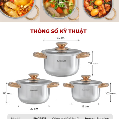Bộ nồi inox Impact Sunhouse Healthy SHG781E -Gồm 3 nồi 16-20-24cm - Đáy phẳng hoàn hảo - Hiệu suất bắt từ 98%
